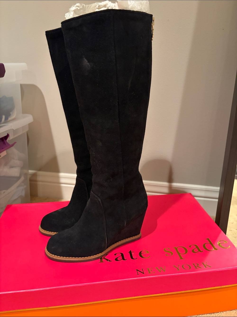 kate spade Black Suede Knee-High Wedge Boots
